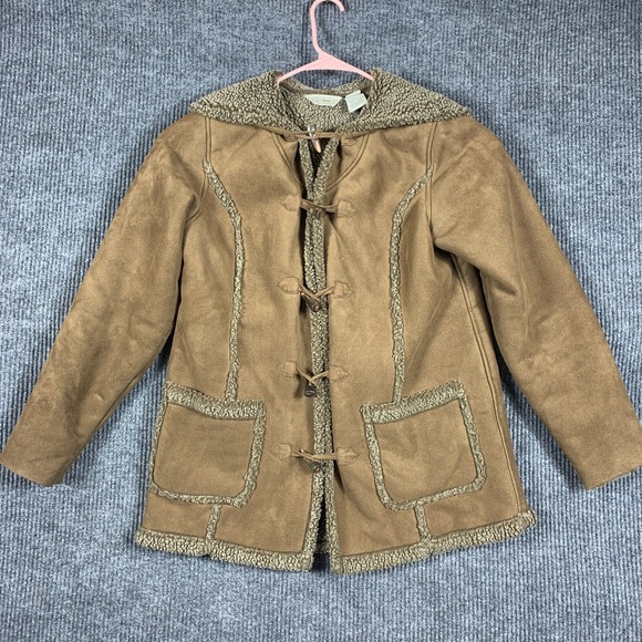 LL Bean Jacket Womens Medium Brown Faux Suede Leather Claw Toggle Coat‎ Sherpa - Picture 1 of 16